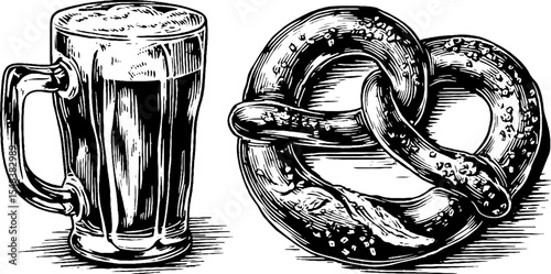 Vintage amber ale pint and salted pretzel sketch for pub and brewery design