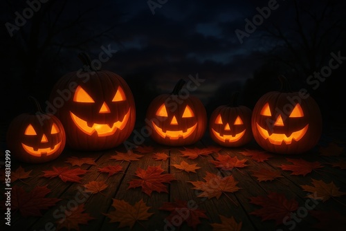Spooky Halloween scene with carved jack-o'-lanterns and autumn leaves scattered across weathered wooden porch at twilight