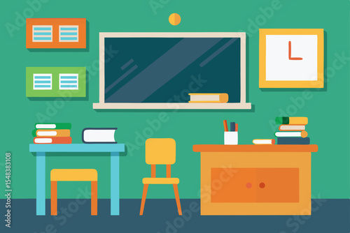 Vector illustration of an interior room with a desk, chair, and screen, perfect for a classroom, home, or office design