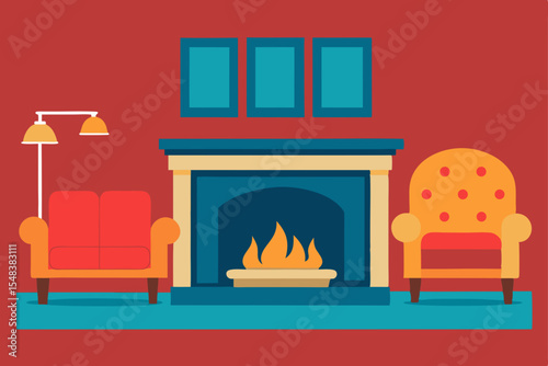 Cozy living room interior with a warm fireplace, comfortable sofa, and modern decor