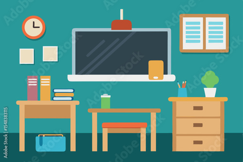 Vector illustration of office furniture icons including a desk, chair, and bookshelf for interior room design