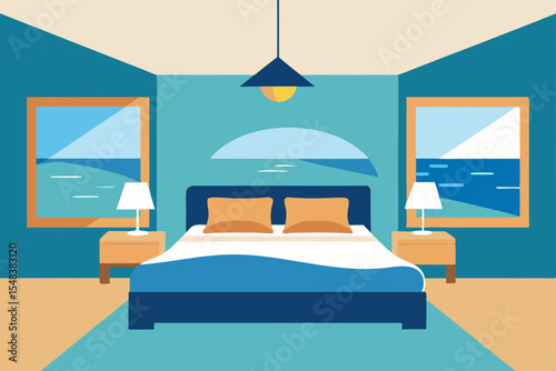 Comfortable hotel room interior with a cozy bed, stylish furniture, and modern design elements like a lamp and armchair, perfect for a relaxing stay