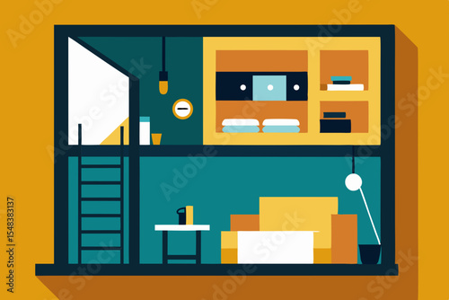 Modern home interior design with vector illustrations of living room and kitchen furniture, bookshelves, and office architecture