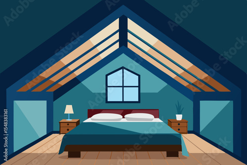 Modern luxury bedroom interior with wooden furniture, a bed, and a large window offering light and sky views, designed for a comfortable home or hotel room