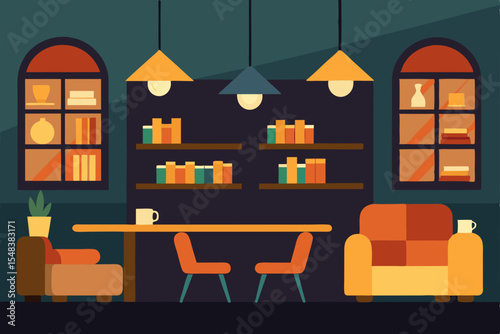 Vector illustration of a modern house interior with an empty dining room, wooden table, and chairs