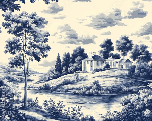 Seamless toile tablecloth pattern classic blue and white countryside scenes and floral vines