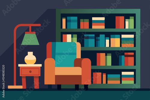 Modern home interior with stylish furniture, a decorative bookshelf, and a cozy study nook