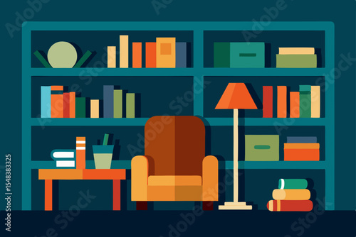 Modern home interior design with bookshelf, desk, and chair vector illustration