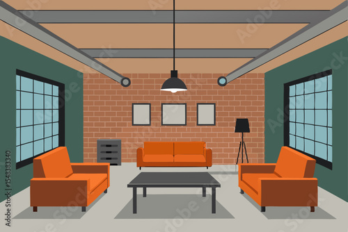 Modern contemporary living room interior design with orange sofa and stylish furniture perfect for a comfortable luxury apartment