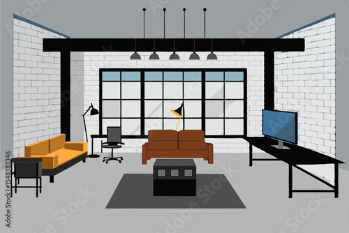 Modern home interior with an empty living room featuring a contemporary sofa, chair, table, and a fireplace, ideal for a comfortable indoor office design