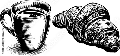 Cappuccino mug and flaky croissant hand drawn food art for cafe menu design