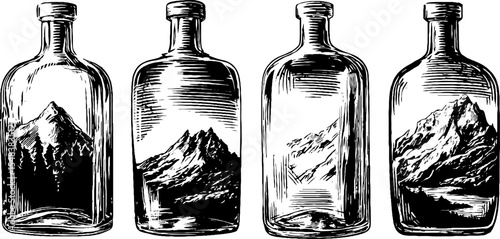 Vintage mountain scenery within clear vodka bottles for design and decoration