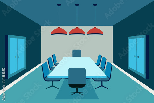 Modern office interior with contemporary furniture, empty chairs, and a sleek design conference room