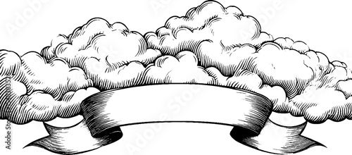Vintage cloud puff banner ribbon design in black and white for retro illustration
