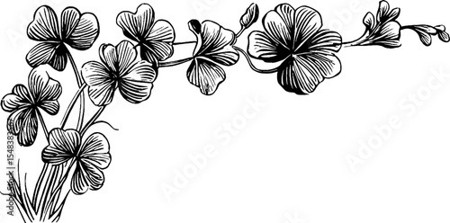 Black and white clover corner sprig design for cards and posters
