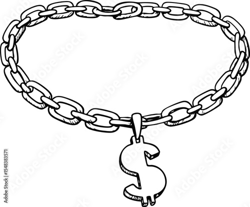 Chain necklace with dollar sign pendant black and white outline vector illustration graphic design accessory jewelry 