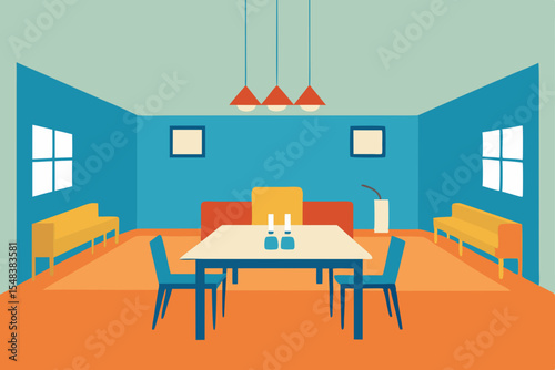 Modern dining room interior featuring a contemporary wood table and stylish chairs, designed for luxury home or business meetings