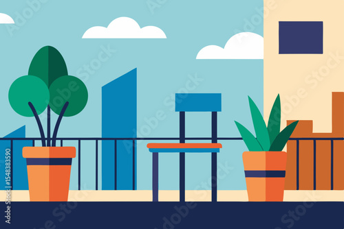 Vector illustration of a living room window with city landscape, flowers, and plants, promoting eco-friendly home interior design