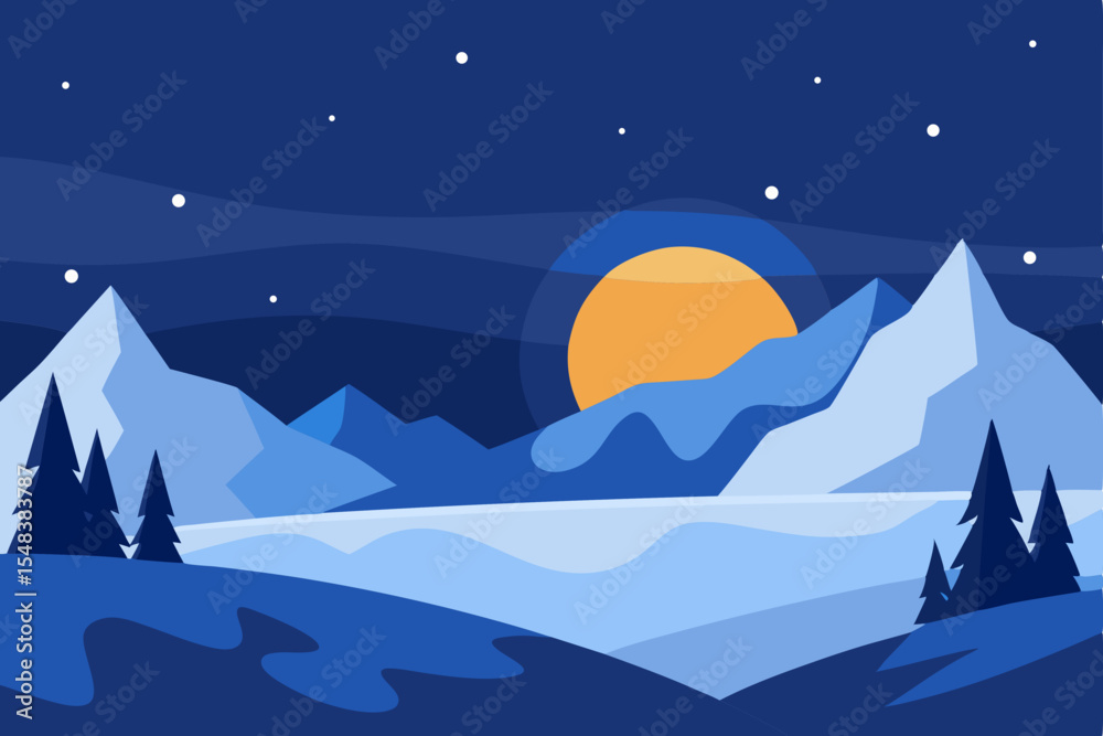 Fototapeta premium Winter mountain landscape with snow, moon, and a cold night sky