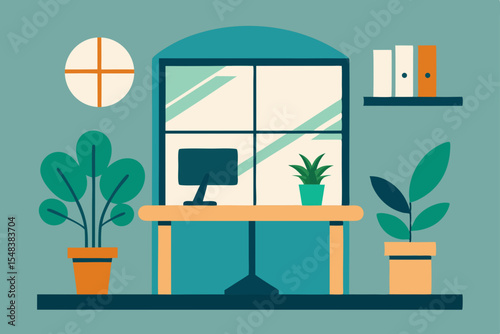 Modern house interior design with living room furniture, window, and plants