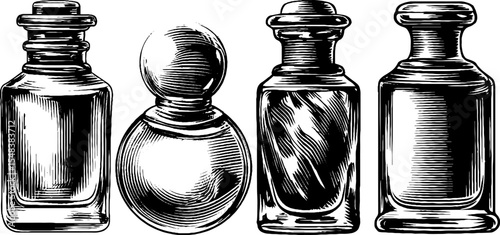 Vintage engravings of deodorant bottles and glass sphere set for retro design