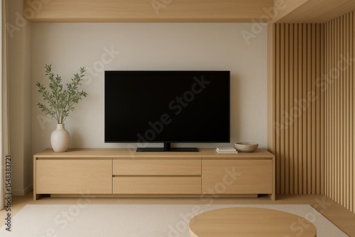 Scandinavian-inspired living room with minimalist TV console in warm cream tones