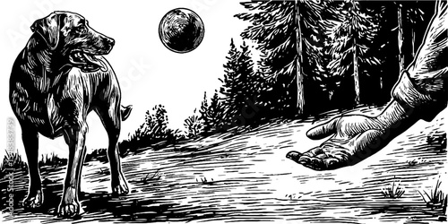 Dog walker tossing ball in park with a happy dog in vintage style design