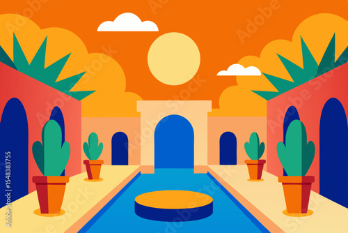 Vector cartoon illustration of a summer village landscape with a house and trees, sky, and sun