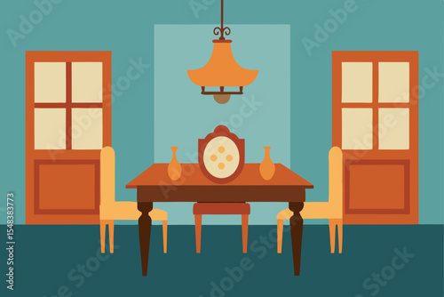 Vector illustration of an old-fashioned kitchen interior with wooden table and chairs, a vintage home design