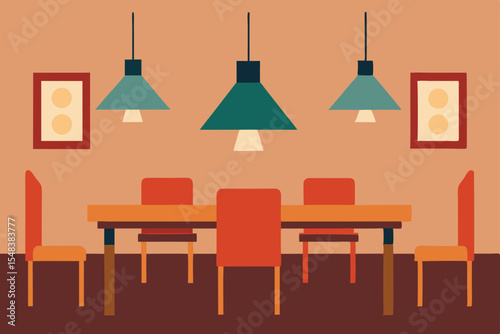 Vector illustration of a modern room interior with stylish furniture, including a lamp, table, and chair, highlighting contemporary home decor and lighting design