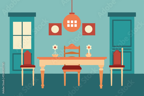 Dining room interior with wooden table, chairs, and modern decor