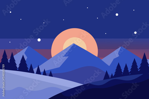 
Winter night landscape with snow-covered mountains, a serene moon,