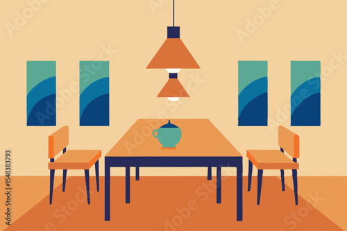 Vector illustration of a cafe interior with dining furniture, tables, and chairs