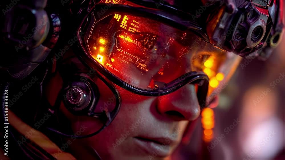 Futuristic soldier wearing a tactical augmented reality visor with head up display - hud - interface, showing data and information in a technological and immersive environment