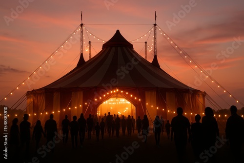 Crowds gather at a circus tent during sunset, illuminated by twinkling lights and vibrant colors
