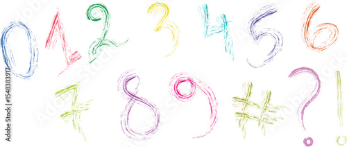 hand drawn colorful crayon numbers and punctuation sketch set on white background for education and creative design