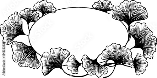 Hand drawn ginkgo leaf circular frame in black and white for elegant design