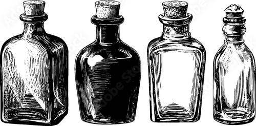 Vintage corked glass bottles collection in black and white for retro design