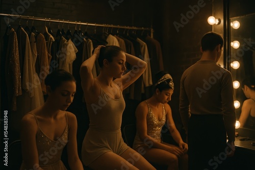 Performers preparing backstage in a dimly lit circus dressing room before the show begins