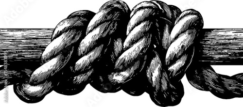 Black and white hemp rope coil on wood engraving for vintage designs