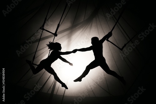 Dynamic aerial performers execute an exhilarating twin act against a dramatic backdrop at the circus