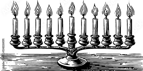 Hanukkah celebration menorah with nine lit candles - black and white design for holiday decor