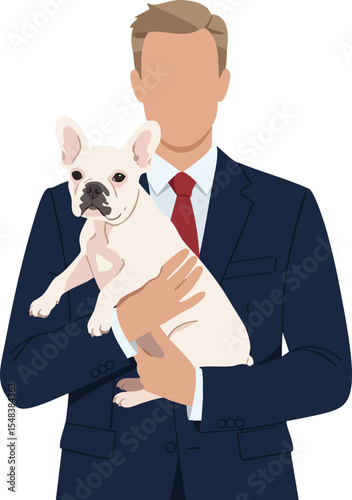 Man in blue suit holding white French bulldog pet animal in arms vector illustration 
