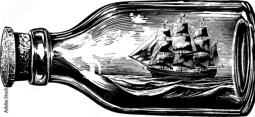 Miniature ship in a bottle black and white engraving for nautical decor