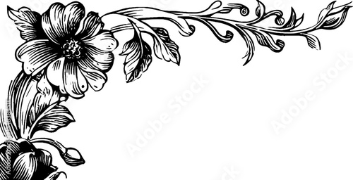 Vintage floral corner design with detailed mosaic and tesserae elements in black and white