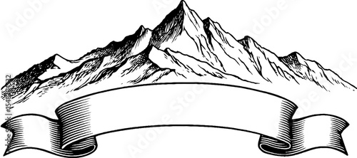 Mountain ridge silhouette with ribbon banner for vintage design