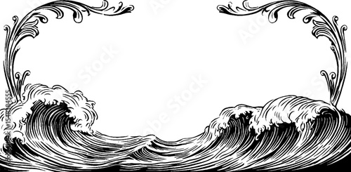 Ocean wave circular frame with cresting waves for nautical design