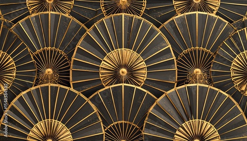 An intricate abstract pattern featuring black and gold fans, creating a luxurious and elegant design. The symmetrical arrangement gives a sense of order and opulence.