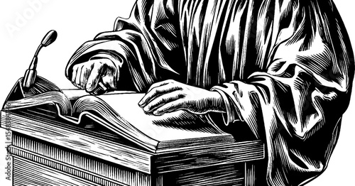 Academic lecture scene with professor at podium reading from open book