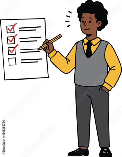Young man completing checklist with pencil in hand wearing formal vest and yellow shirt vector illustration 